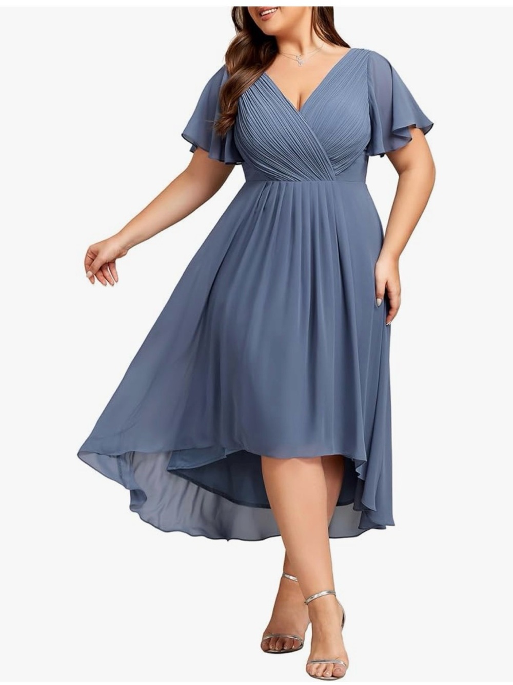 Women's Blue V-Neck High-Low Dress